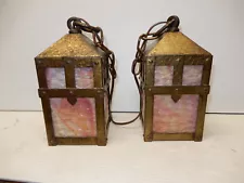 ANTIQUE PAIR ARTS AND CRAFTS SLAG GLASS LANTERN PENDANT LIGHTS