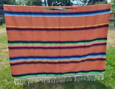 Mexican Blanket Vintage -Orange Stripe- Serape -Throw - Couch Cover -62x88