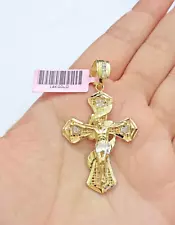 14k Yellow Gold Cross Charm Jesus Pendant 2 Inch CZ Crucifix For Chain 14kt SALE