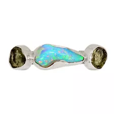 Natural Ethiopian Opal Rough & Moldavite 925 Silver Ring s.7.5 ALLR-27563