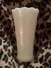 UNIQUE & VINTAGE WHITE MILK GLASS VASE, TEAR DROP & PEARLS, SCALLOPED EDGE.