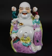 Vintage Chinese Hand Painted Porcelain Smiling Buddha Figurine w Children 8" H