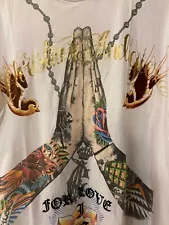 Vintage Christian Audigier “For Love I Surrender” White XL Pray Rosary Ed Hardy