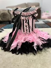 Vintage Cotton Candy Burlesque Costume Corset Feather Dress - Pink/Blk