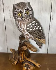 Vintage Hand Carved Painted Wooden Owl On Wooden Perch Glass Eyes Signed