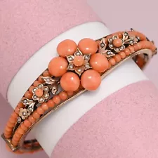 Antique Victorian Flower Salmon Pink Coral Rose Gold Filled Seed Pearl Bracelet