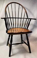 Vintage Windsor Chair Doll Bear Wooden Round Spindle Back Arm Black Brown 14.5”