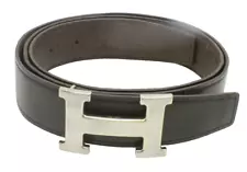 ð Hermès Black Leather Belt with Silver Hardware - Size 96 - Pre-Owned Designer