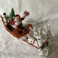 Mid-Century Plastic Santa Sleigh and White Reindeer 10” Christmas Decoration