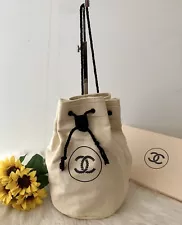 Chanel VIP Novelty Canvas Drawstring Bag/Beige with Black/CC Logo/Small