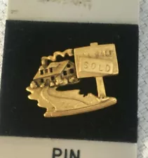 House For Sale Sold Lapel Hat Pin Home Gold Tone Enamel Collectible