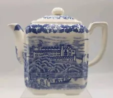 Vintage Blue & White Ceramic Personal Teapot w/Castle River Scenery 5" x 6.5"