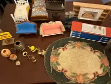 Doll House Miniature Vintage Estate Sale # 3 Carpet, Beds, Desk, Sink, Vases,