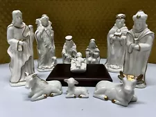 Nativity Set 11 Piece With Base White With Gold Trimming Porcelain Complete Set