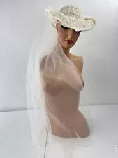 Vintage Ivory Bridal Hat w/Attached Veil Floral Pearl Lace Tulle - Vtg Wedding