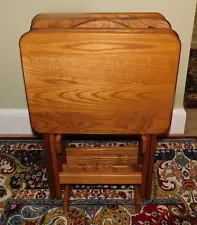 Vintage Set of 4 Farmhouse Solid Oak Wood Folding TV Trays Tables + Stand