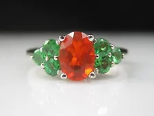 Mexican Fire Opal Ring Green Tsavorite Garnet 14K White Gold Orange Jewelry