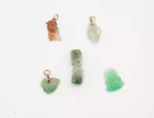 Assorted carved jade pendant lot 5 pcs buddha fish basket links 8.8 grams 14kGF