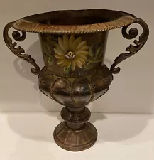 Painted Metal Urn with Handles 16” Tall Patina Beautiful Flower On It!!