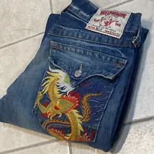 True Religion World Tour Billy Jeans Mens Blue 32x33 Flap Dragon Pocket USA D7