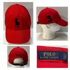 Polo Ralph Lauren Red Big Pony #3 Adjustable Ball Hat Cap Strap Back Cotton EUC