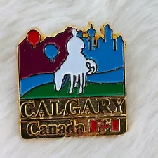 Calgary Canada Souvenir Enamel Lapel Pin w/ Hot Air Balloon Cowboy Skyline