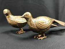 Antique Vintage Pair Solid Brass Pheasant Statues Figures