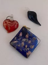 Trio of Hand Blown glass Pendants. Square, heart, and small figural pendants