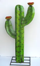 METAL ART 38" SAGUARO CACTUS SCULPTURE LIGHT GREEN WITH FLOWERS YARD ART