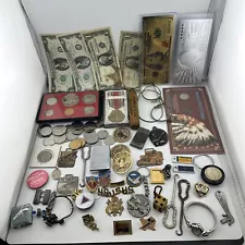 Estate Sale Junk Drawer Lot Coins, $2 Bill, Silver Certificates, Pins, Zippo +