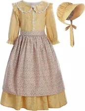 Kids Pioneer Girl Costume Colonial Prairie Floral Dress Apron Bonnet Size 8