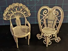 2 Vintage Dollhouse Miniature Wire White Wicker Chairs