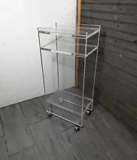 Vintage Mid Century Modern Clear Lucite Acrylic Mini Bar Cart Shelf Table Wheels