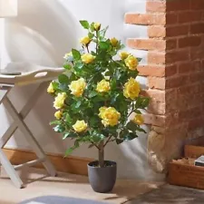 Artificial Rose Bush Tree Potted Plant Yellow Faux Flowers Home Decor Garden