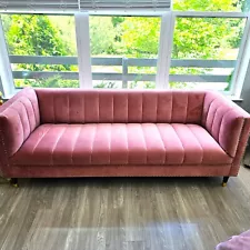 Contemporary Glam Pink Velvet Sofa Couch 84.25''W for Living Room with studs