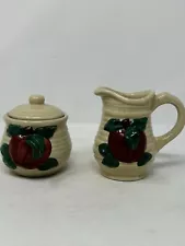 Cracker Barrel Cream & Sugar Set Country Apple Design Embossed 3D Red Beige EUC