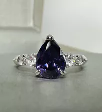 Purple Teardrop Gem W/4 Radiant Accents Rhodium Pl Band Sz8 Ring Bomb Party