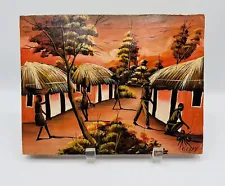 Village Sunset Signed Original African Art On Canvas. 8” x 10”