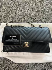 Chanel Double Flap Caviar Medium Black Chevron Bag -Pristine Preowned