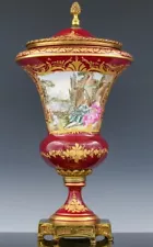 LARGE ANTIQUE SEVRES PARIS PORCELAIN HAND PAINTED ENAMEL & GILT BRONZE URN VASE