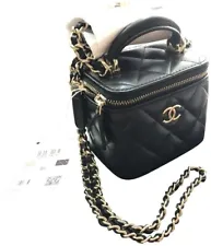 New in box Chanel Vanity Case with Chain Quilted Top Handle Black Leather Bag