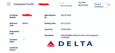 Delta Airlines Companion Pass Certificate ('Free' buddy ticket) exp 08/31/2024 ⚡