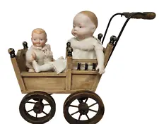 Vintage Doll Buggy & 2 Vintage Antique Porcelain Babies Wooden Carriage Pram Bed