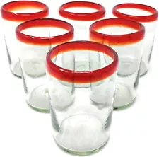 Hand Blown Mexican Drinking Glasses - Set of 6 Glasses with Red Rims(14 oz each)