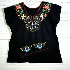 VTG OAXACAN Black Embroidered Butterfly Floral Mexican Peasant Tunic Top Sz M