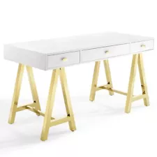 Vintage Glam White Office Desk Gold Stainless Steel Sawhorse Legs 3 Drawers