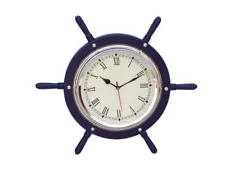 Dark Blue Wood And Chrome Ship Wheel Clock 15"