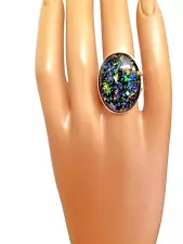 Black Fire Opal Ring Fiery Flashes of Rainbow Colors 925 Sterling Silver Huge