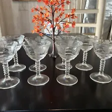 8 Beautiful Vintage Federal Glass Company Clear Etched floral Wine Glasses.