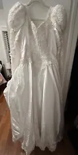 Vintage Mori Lee White Wedding Dress, Size 14, Embellished Long Sleeves & Train